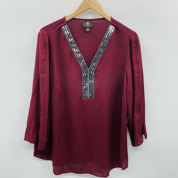 JM Collection Womens Plus Size 1X Sequined-Neck 3/4-Sleeve Top in Dark Rust 1679 - Picture 2 of 7